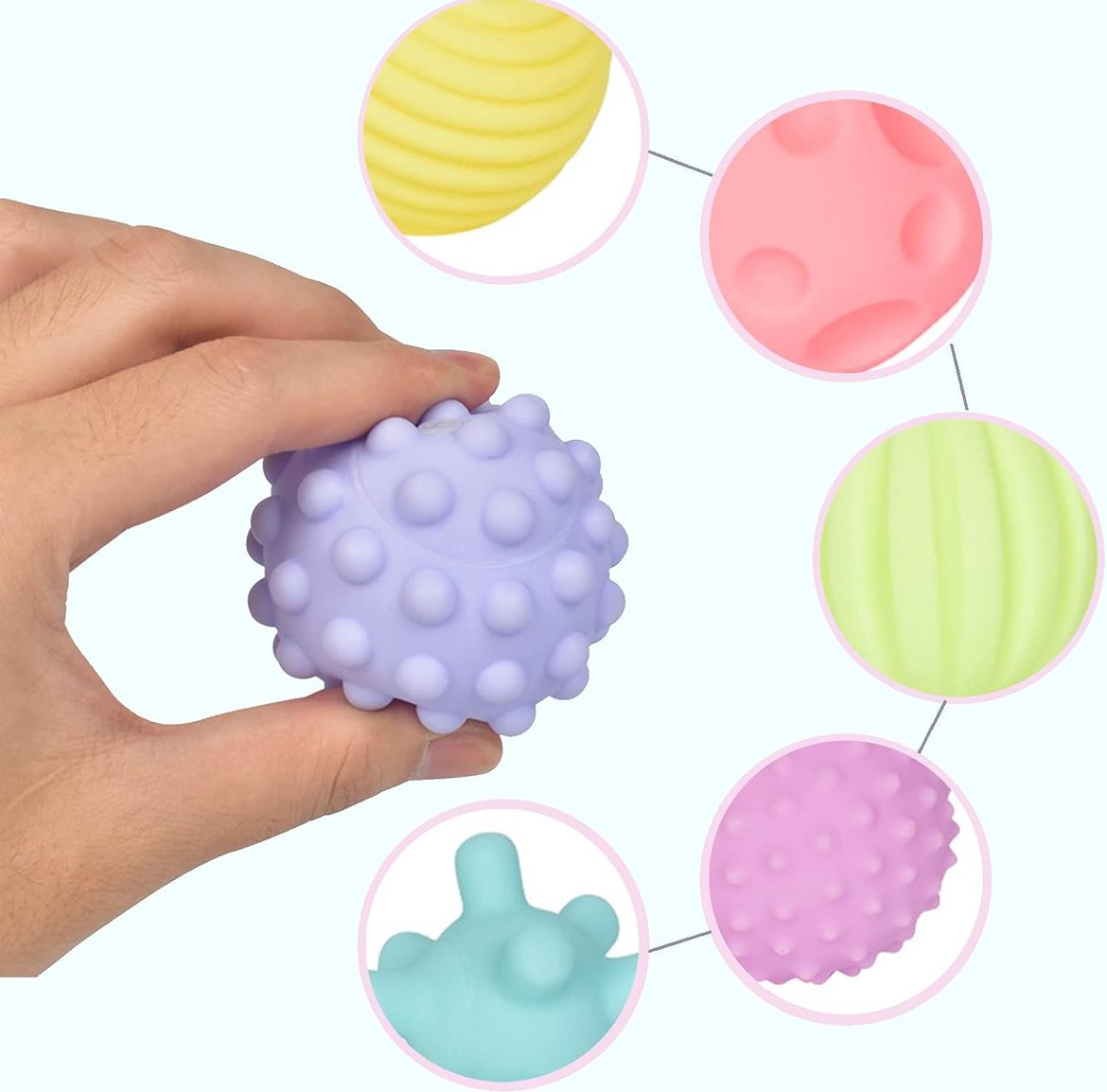Set 6 pelotas para baño diferentes formas y texturas